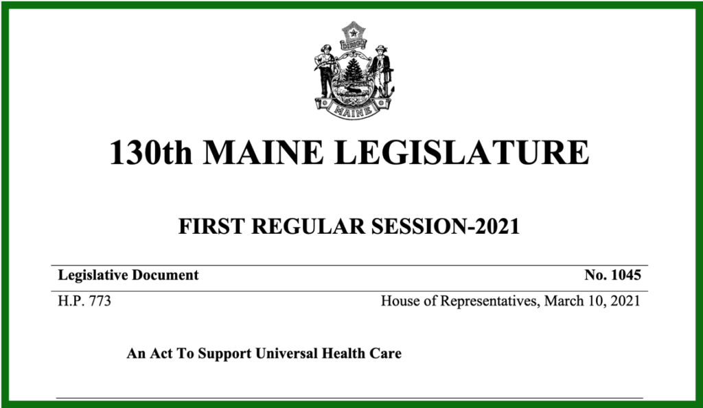 Image of title page of bill from the 130th Maine Legislature, first regular session 2021, with black text on white background. Bill title is An Act to Support Universal Health Care.