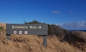 Outdoor sign with white text on dark grey background that says 'answers 1 kilometer to the right' with grasses and shrubs and blue sky in the background