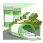 Graphic showing green medicine bottle with pills spilling out, wads of paper money, and full medicine bottles in shades of green and white.