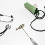 Stethoscope, reflex hammer and blood pressure cuff